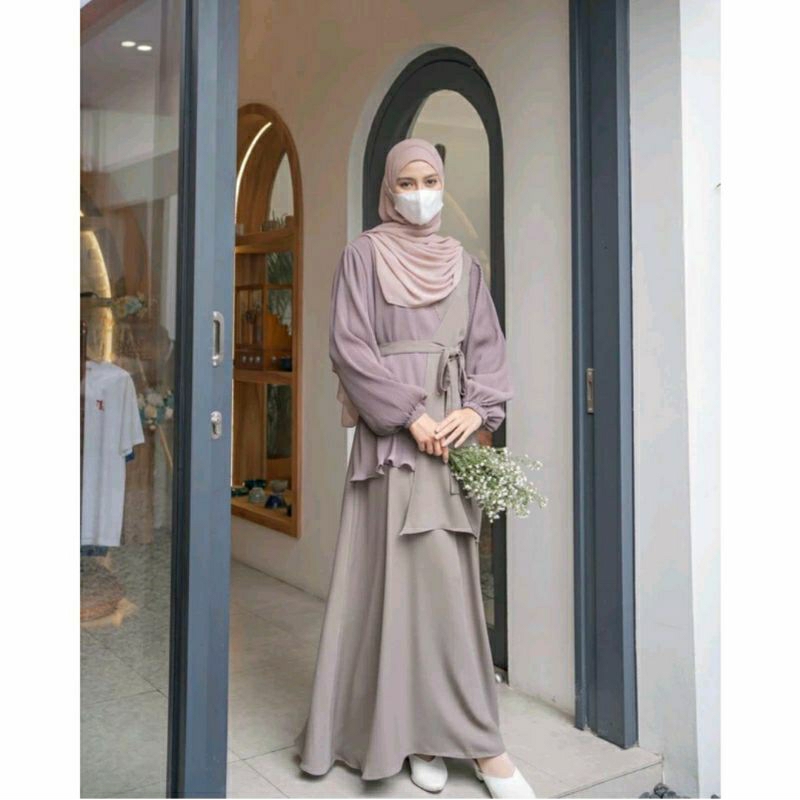 LUNARA DRESS AZMIZA | Gamis Layer Asimetris Bahan Sahara Platinum kombinasi Ceruti Babydoll
