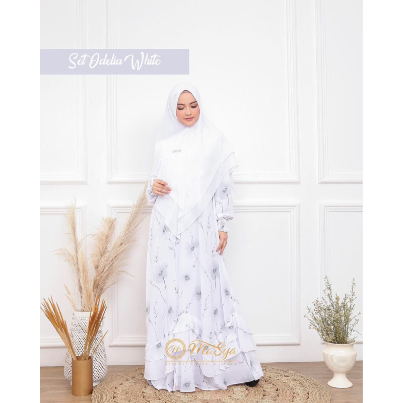 Set Gamis Dress Ceruty Babydoll Syari Branded Prinitng Cream - Black - White Mewah Masya Syari Origi