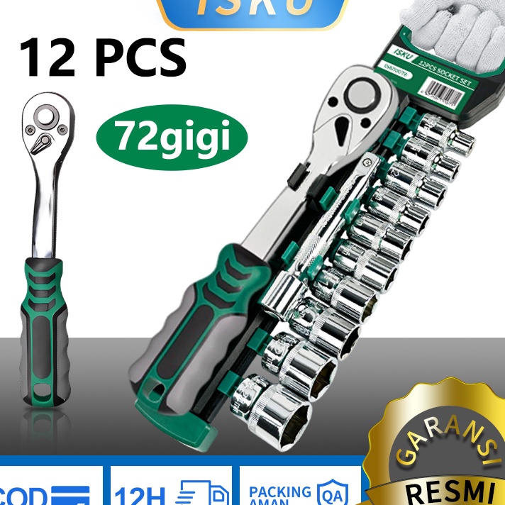 ISKU Kunci Sok Set CRV 12 PCS Kunci Sok Wrench 12 Rachet alat perkakas lengkap motor