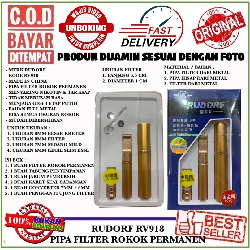 RUDORF RV918 PIPA FILTER SARINGAN ASAP PERMANEN FULL METAL UNTUK SEMUA UKURAN 8MM / 7MM / 6MM