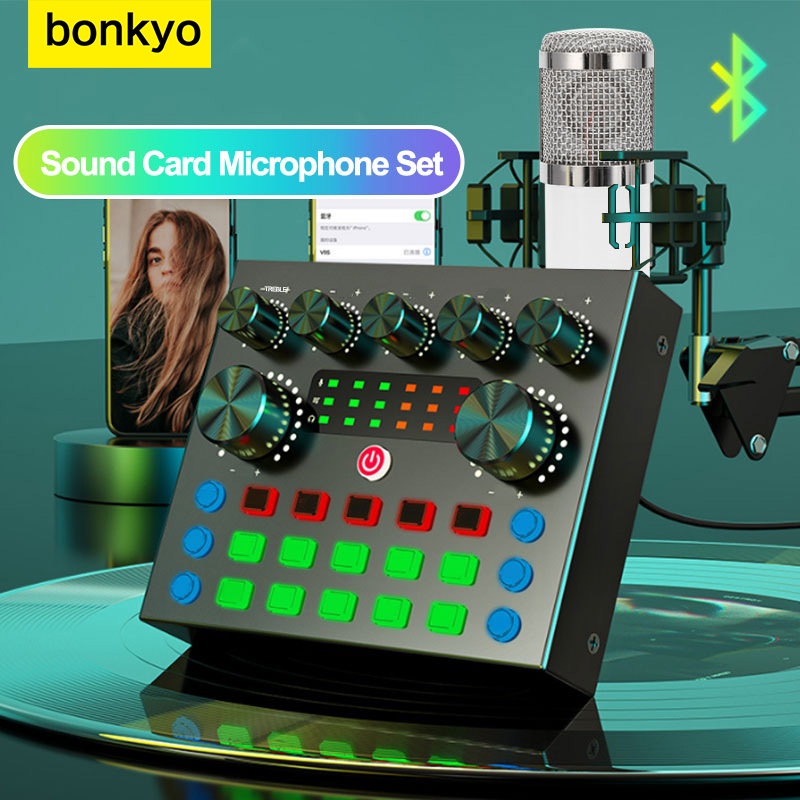 Bonkyo V8S SoundCard plus amplifier Bluetooth Audio Usb External Webcast Live mini mixser audio Mic F999 sound card alat karaoke DJ kartu suara