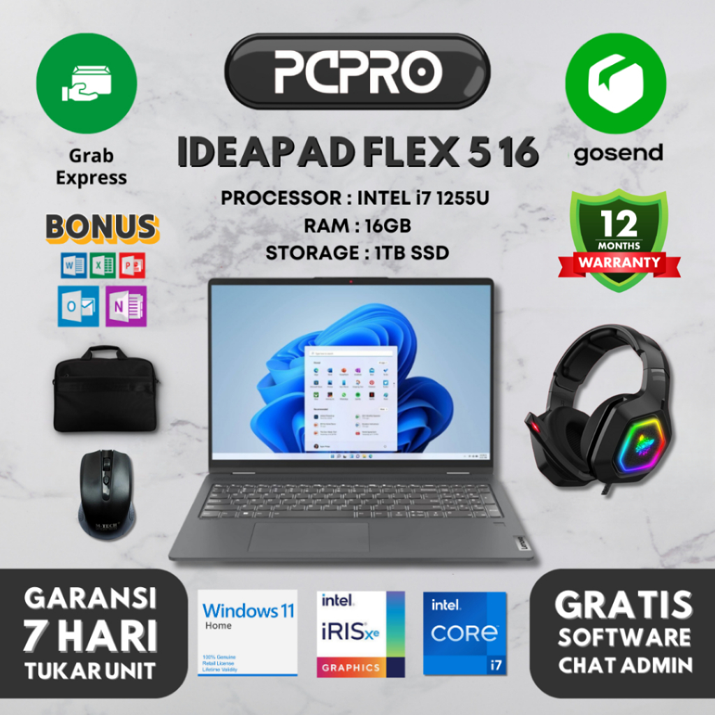 Laptop Lenovo Ideapad Flex 5 16 Flip Intel i7 1255U 16GB 1TB Iris Xe 16 Inch WQXGA Touchscreen Backl