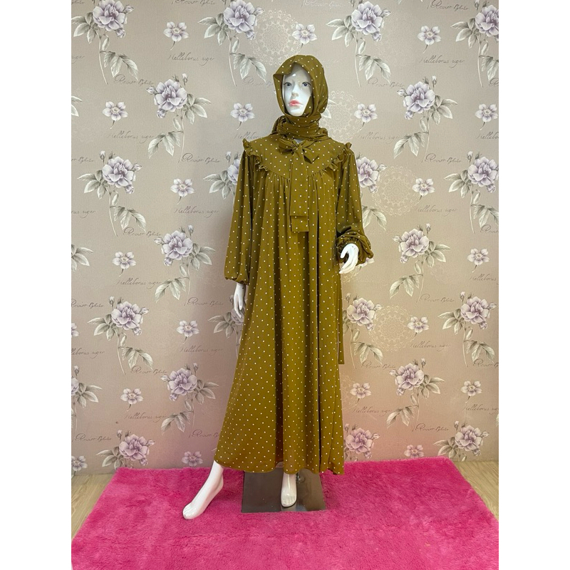 Dress panjang gamis Alaskya plus pashmina polka ceruti lengan balon all size Gateline