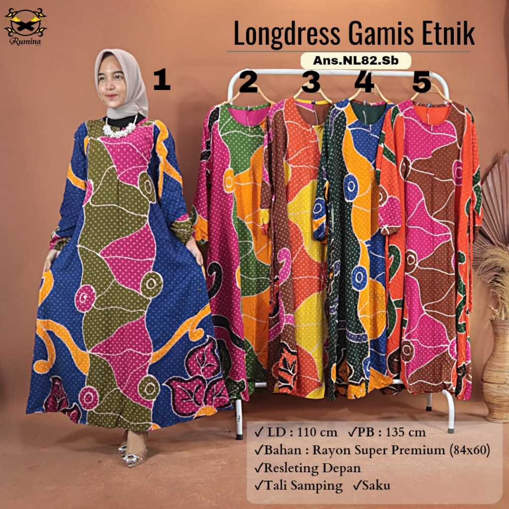 LD 110 PB 135 Longdress Gamis Etnik Batik Premium Tulis Panca Warna By Rumina Batik Pekalongan