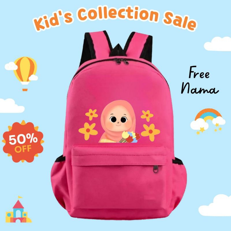 Tas Ransel Backpak Sekolah Anak Perempuan Paud Tk SD Motif Hijab Muslimah Free Nama