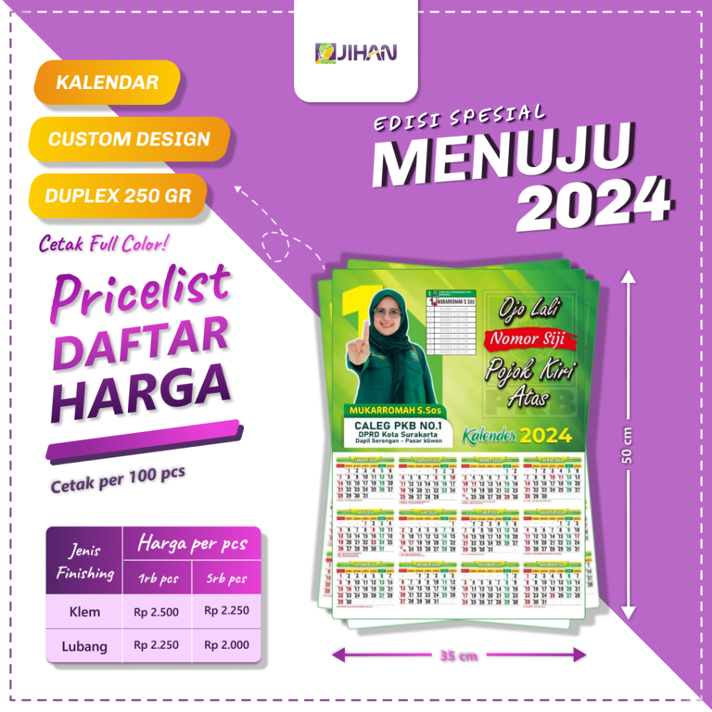 

Kalender Caleg Pilkada Custom Bahan Duplex 250 gr Full Color