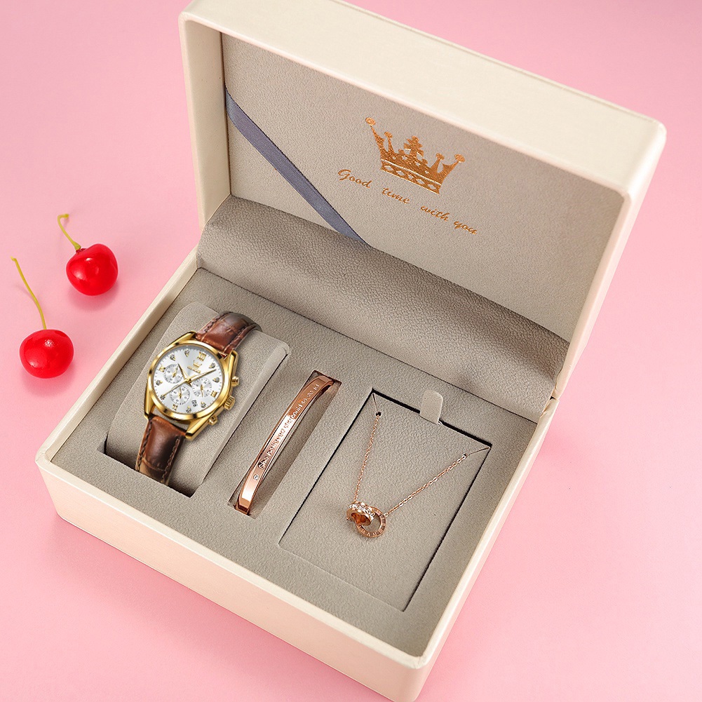 OLEVS Jam Tangan Wanita Set Kalung Gelang Original Asli Untuk Tahan Air Putih Biru Lady Girl Watch 5