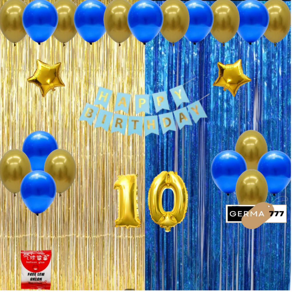 Set Dekorasi Ulang Tahun Anak Tirai Gold Mix Biru Tua Cewek Cowok Ultah Dekor Happy Birthday Hemat