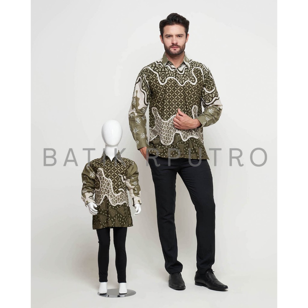 HIJAU SAGE ARMY Kemeja Batik Couple Ayah Anak  lengan panjang lapisan furing warna hijau army