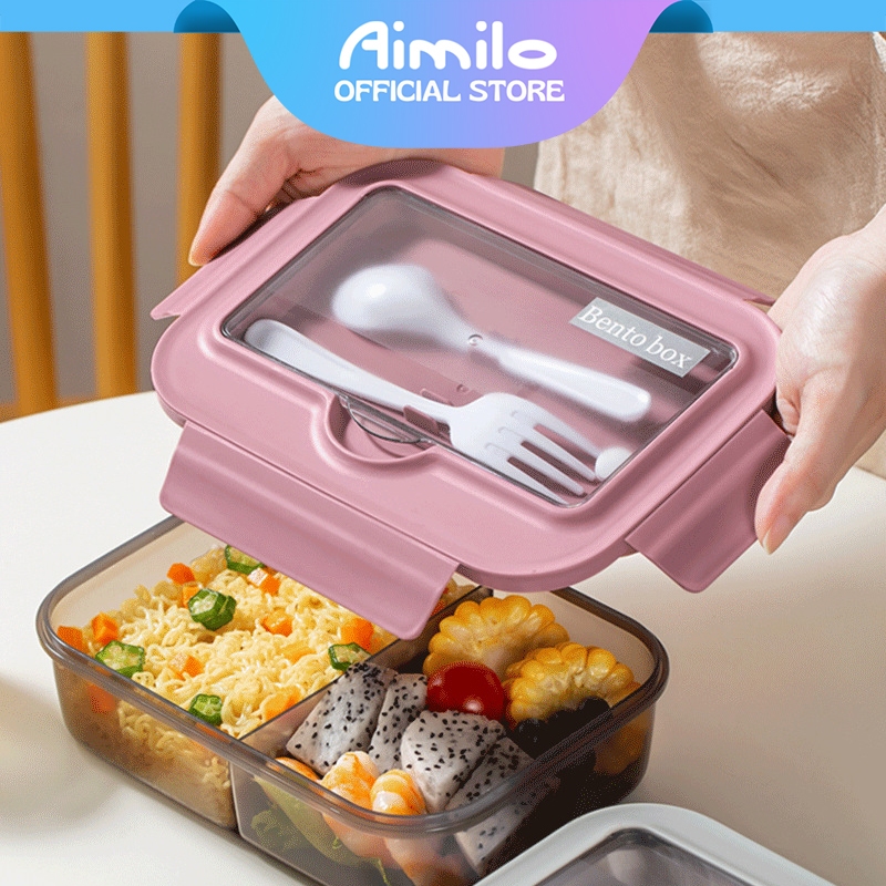[READY] Aimilo 3 Sekat Tempat Makan Tupperware BPA Free Lunch Box Set Tempat Bekal Anak Sekolah Free Sendok