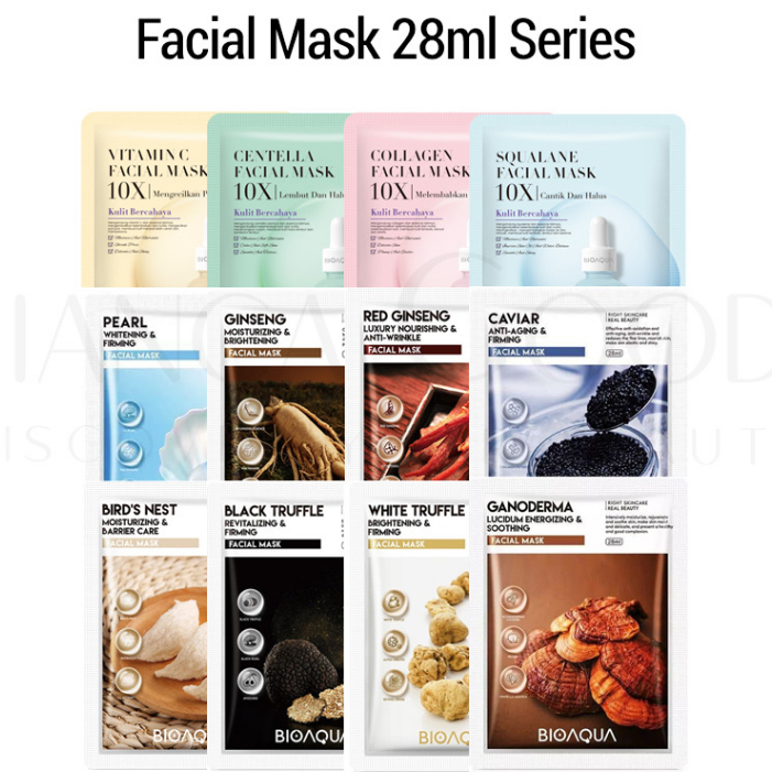 BIOAQUA Facial Mask 28ml Series | Vit C / Centella / Collagen / Squalane / Pearl / Ginseng / Red Gin