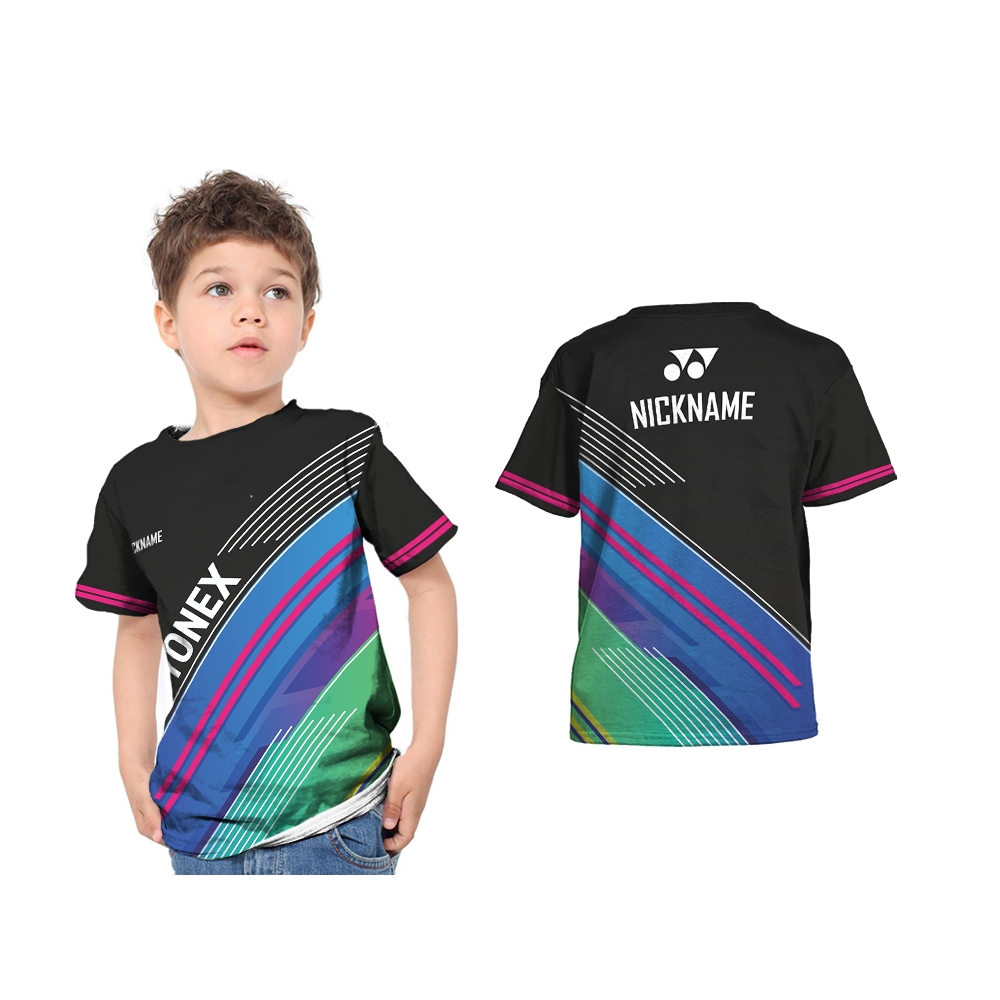 Baju Kaos T-Shirt Anak Jersey Olahraga Badminton Abstrak Hitam Full Print