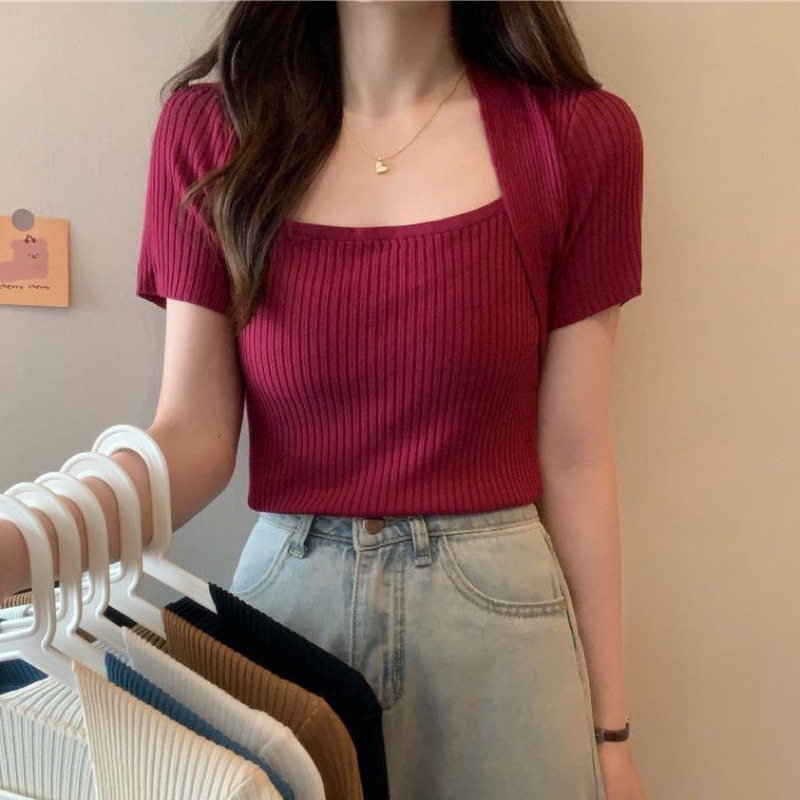 Atasan Rajut Lengan Pendek Wanita Square Neck Korea Style - Tshirt Rajut Lengan Pendek