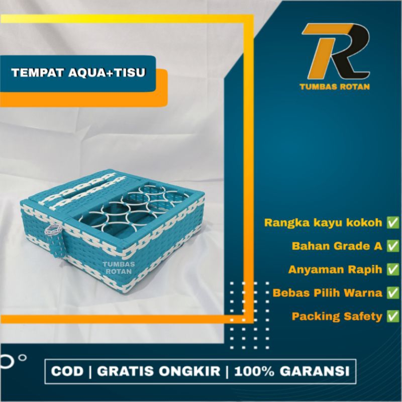 2in1 Tempat Air Mineral dan Kotak Tisu Rotan Sintetis Dilengkapi dengan Wadah Sedotan