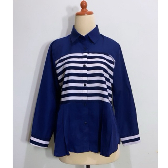 Atasan blus blouse kemeja wanita formal bahan katun premium motif garis salur warna biru dongker nav
