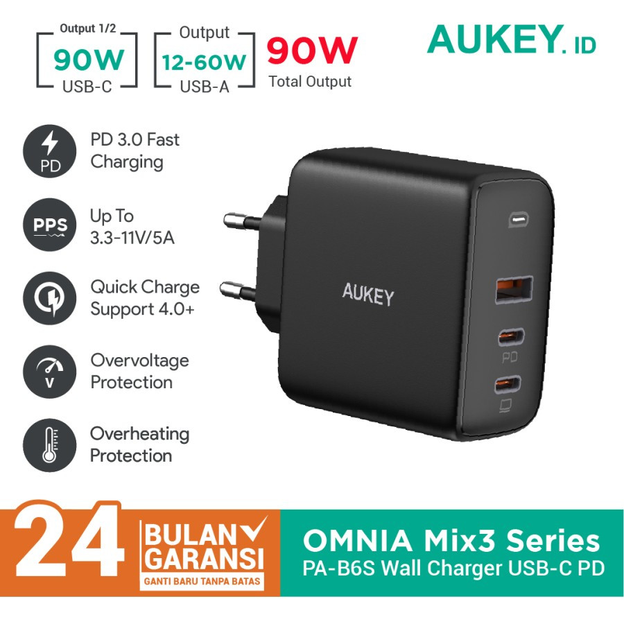 Charger Aukey PA-B6S Omnia Mix 3 Series USB-C PD NEW Aukey Charger 6 Iphone Samsung Quick Charge 3.0 Fast Charging ORIGINAL GARANSI