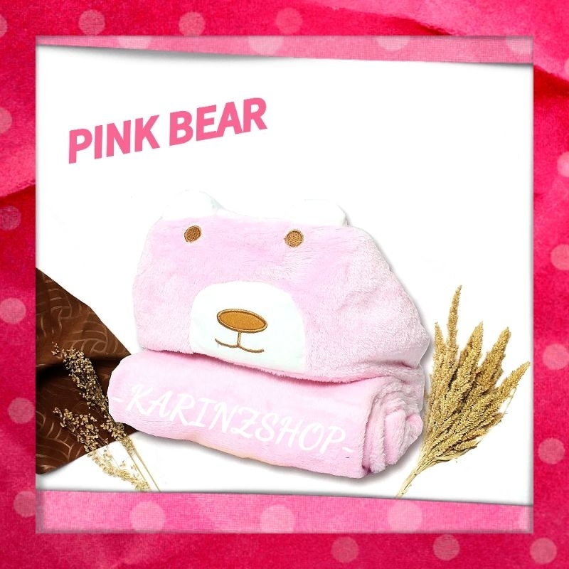 Selimut Bayi Topi Baby Blanket Hood Vallery Quincy : PINK BEAR