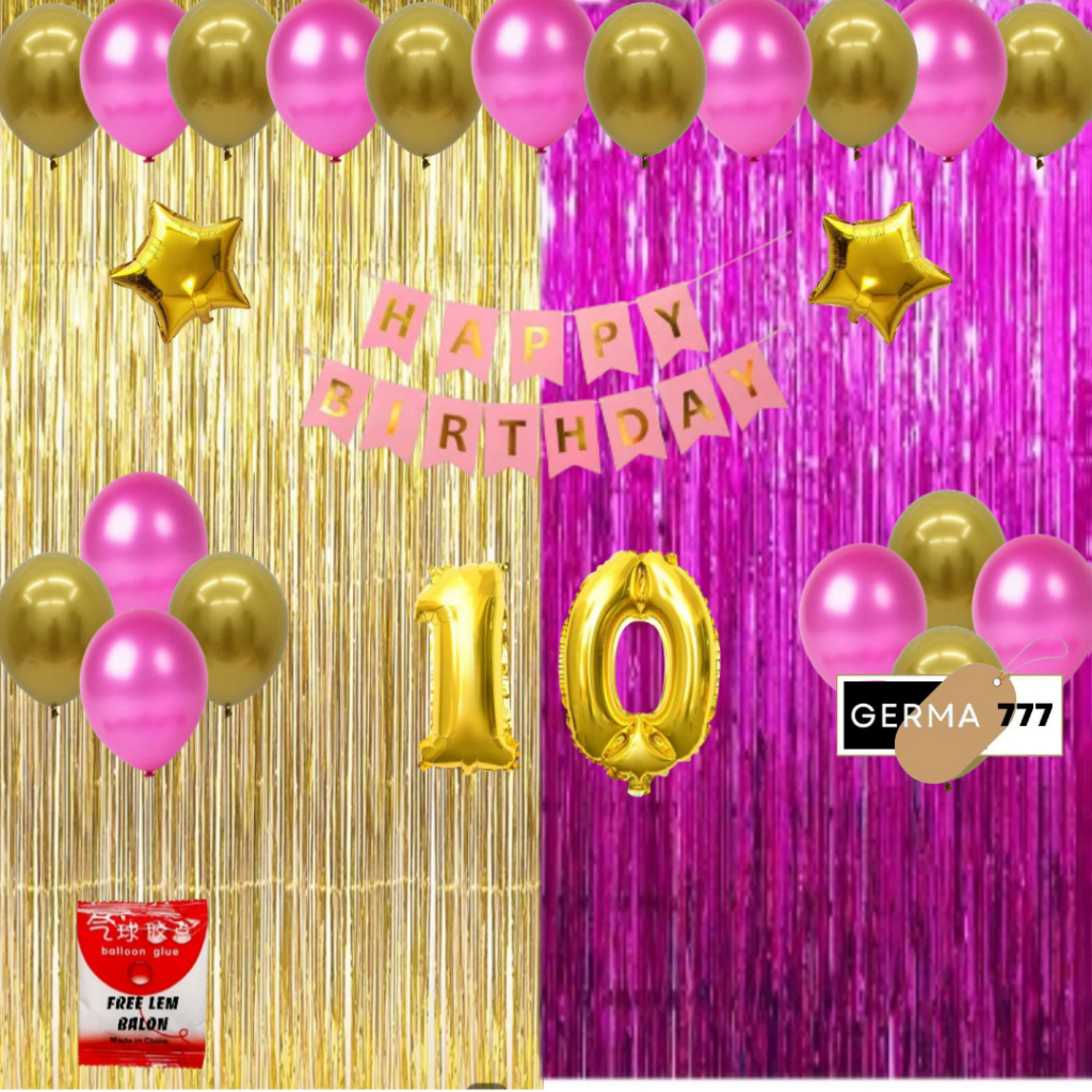 Set Dekorasi Ulang Tahun Anak Tirai Gold Mix Pink Tua Cewek Cowok Ultah Dekor Happy Birthday Hemat