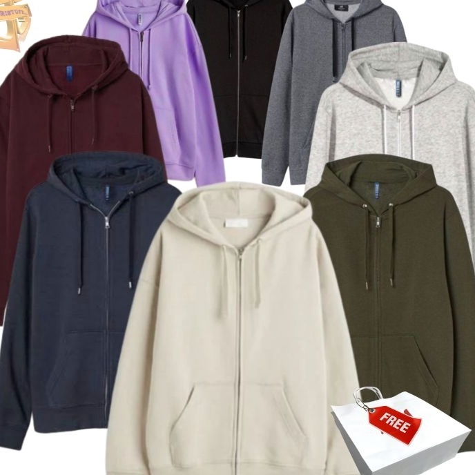 Terbaik Hoodie Zipper Polos Basic HM Hitam Army Maroon Grey Navy Brown Hnm Jaket Pria Wanita Free Pa