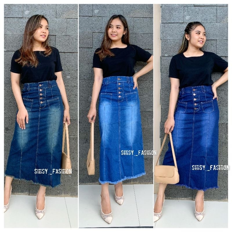 Rok Welona - Rok Jeans Wanita Welona kancing 5 // Rok Jenas Welona Midi Skirt