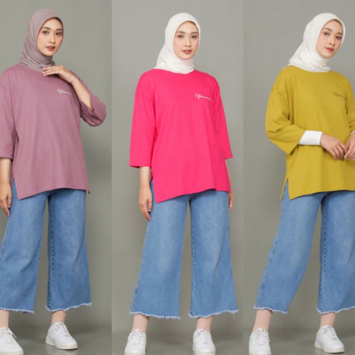 modelTipe UMM595 Atasan Baju Kaos Oversized Wanita Muslim Top Basic Polos Premium Terbaru Kekinian  