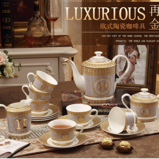 Promo Luxury Teapot Set Cangkir Hermes / Hampers Hadiah Wedding Gift - Set 15pcs Limited