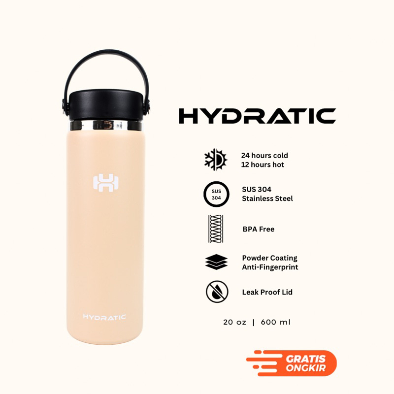 BOTOL MINUM TUMBLER HYDRATIC ASTERIC 20oz / 600ml - Tahan Panas Dingin 12 - 24 jam - CREAM - (2 TUTU