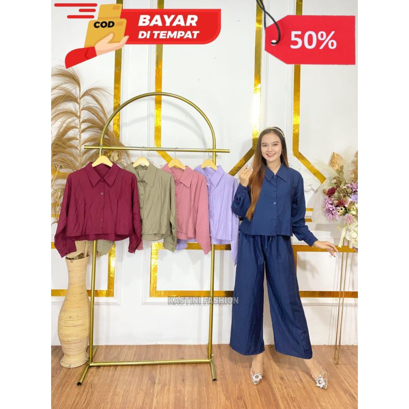 Stelan Kemeja CropTop Wanita Pololinen Outfit Kece Kekinian Setelan Wanita Terbaru