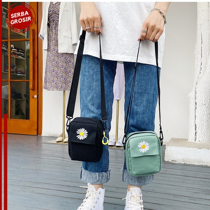 Tas slempang Wanita motif bunga / Tas Musim Panas Kanvas Tas Ponsel Korea Kasual Kecil Daisy 221