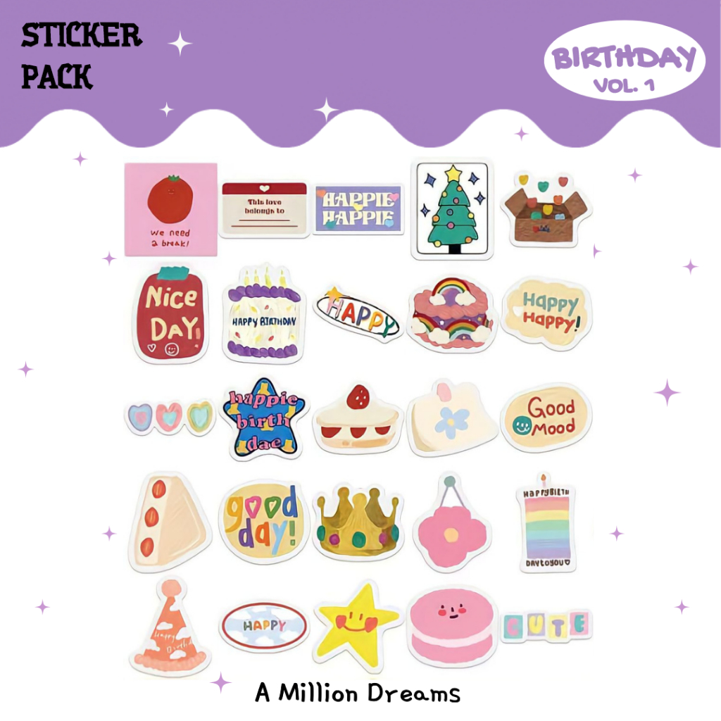 

BIRTHDAY VOL.1 - 8 PCS BIRTHDAY STICKER PACK WATERPROOF + FREEBIES | stiker cute stiker die cut stiker vinyl doff stiker laptop gitar stiker koper botol stiker korean style stiker ulang tahun aesthetic stiker murmer free sticker
