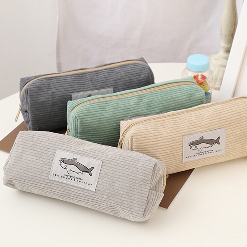 

[DOTDING] Corduroy Pencil Case Kawaii Cute Little Shark Embroidery Pen Bag Pouch Organizer as Gift for Students School Office Stationery Supplies