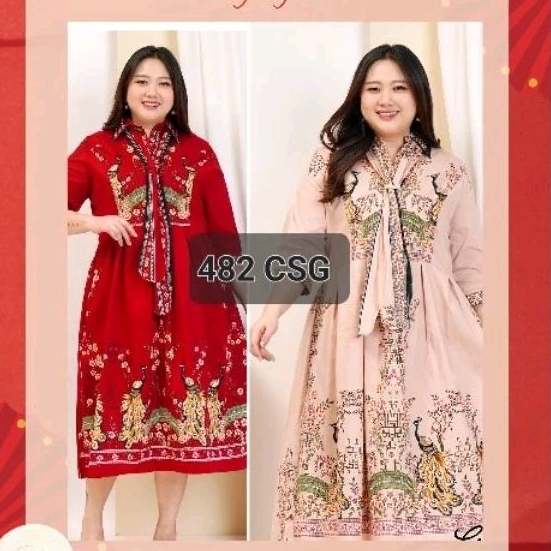 dress imlek jumbo/cheongsam/dress batik super jumbo/dress batik motif burung hong/dress batik imlek