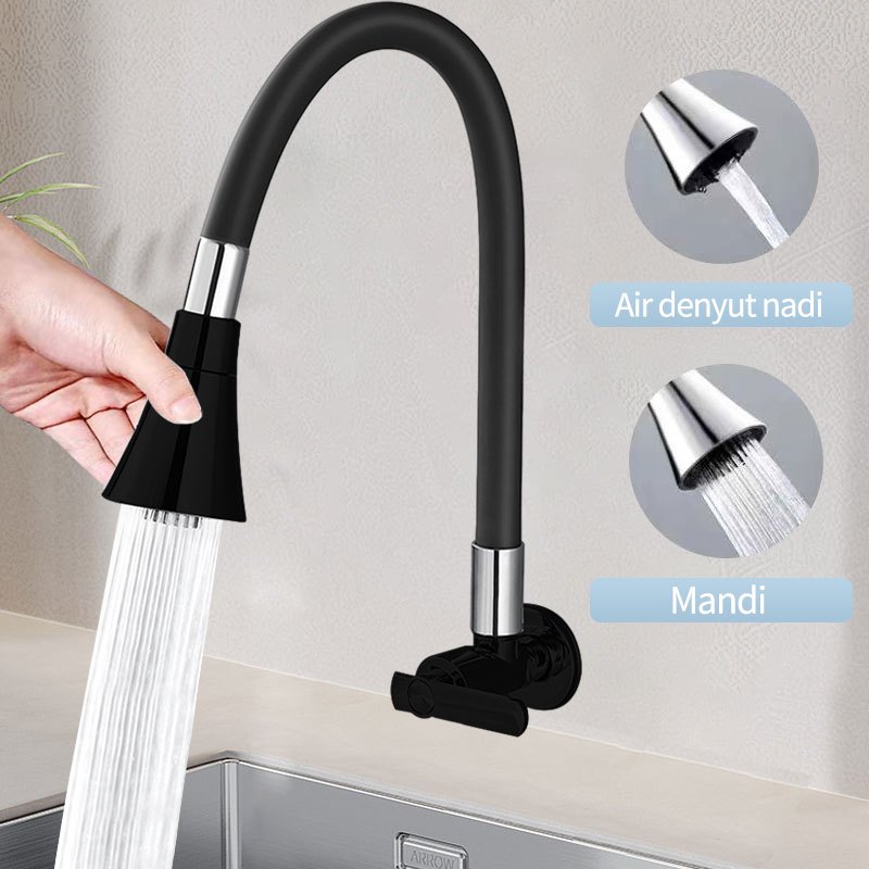 SUS 304 Kran Angsa Tembok Fleksibel Kran Cuci Piring HITAM  Kran Angsa /Kran Dapur/Kran Wastafel 2 M