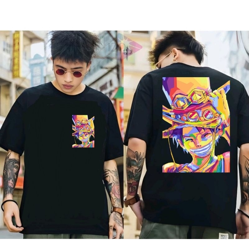 kaos monkey D luffy pakai topi sabo ace sablon depan belakang