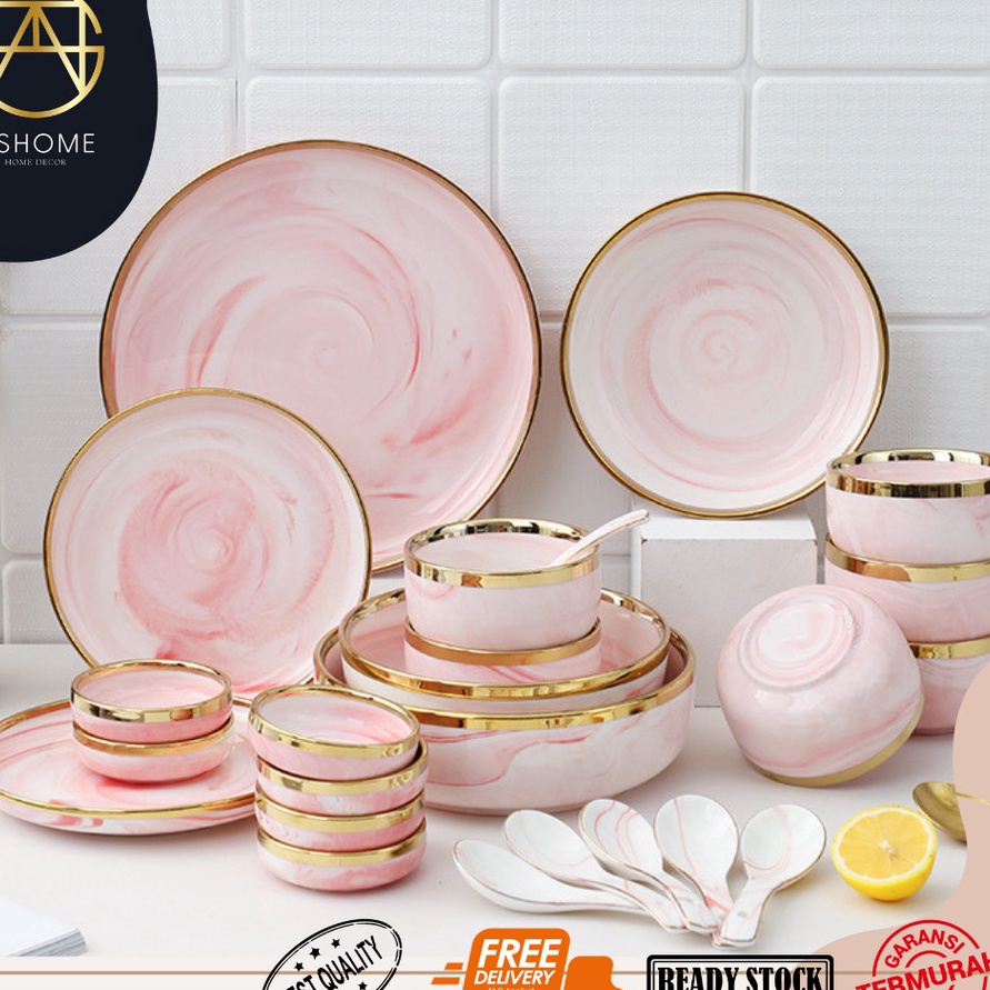 Paling Murah ASHOME Piring Keramik Pink Marble List Gold Elegan  Piring Keramik Motif Marmer Pink Li