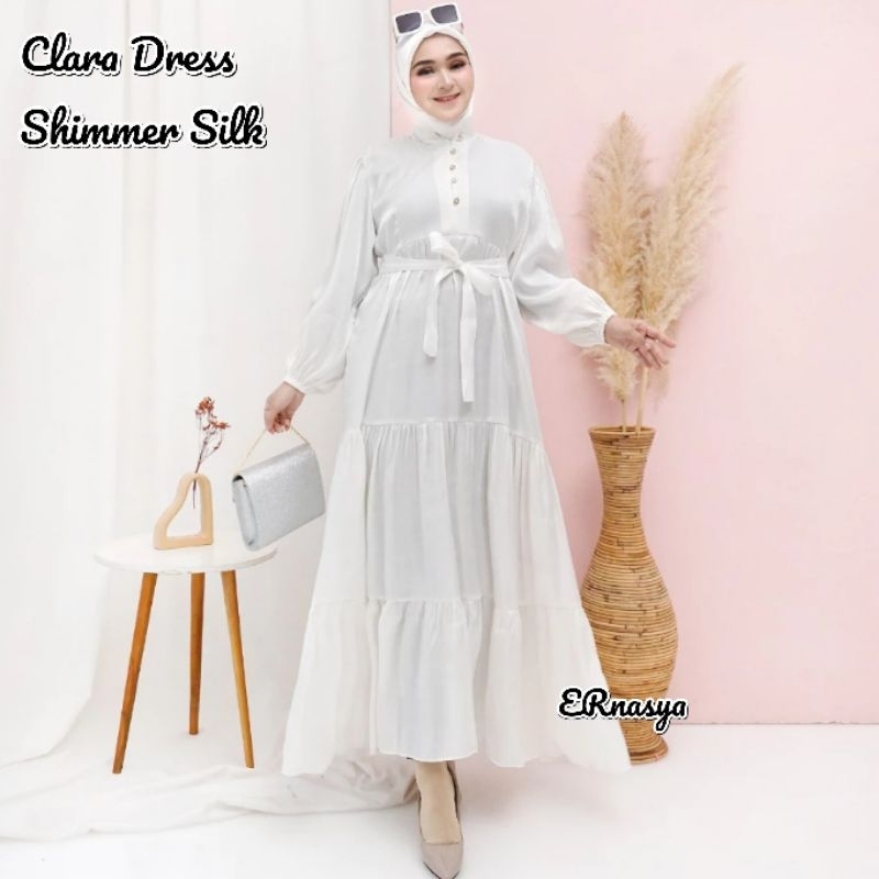 Clara Dress Shimmer Silk Putih Tulang M, L, XXL Gamis Putih Untuk Lebaran Idul Fitri Manasik Pengaji
