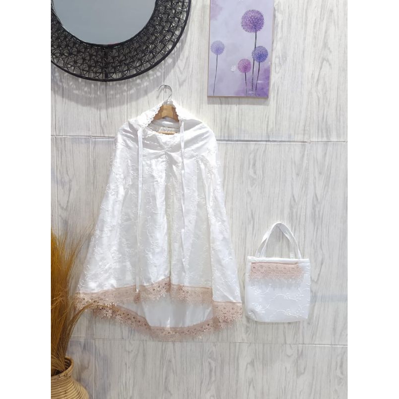 Mukena Anak Putih Bordir cantik variasi renda model atas bawah free tas