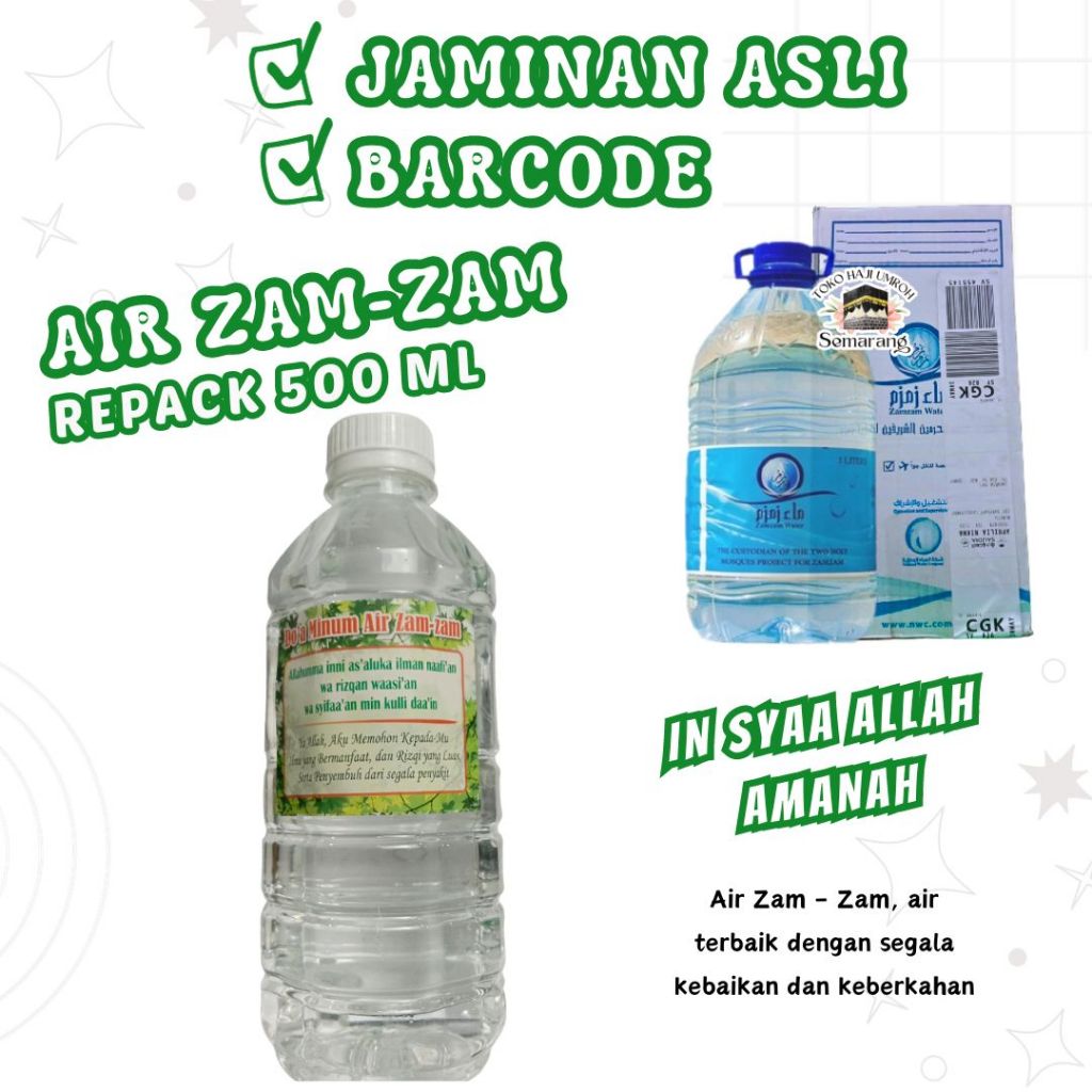 

Air Zam Zam Barcode 500 ML Jaminan Original Asli 100% Barcode Pipiclo Minuman Import Arab Saudi Oleh-Oleh Paket Haji Dan Umroh