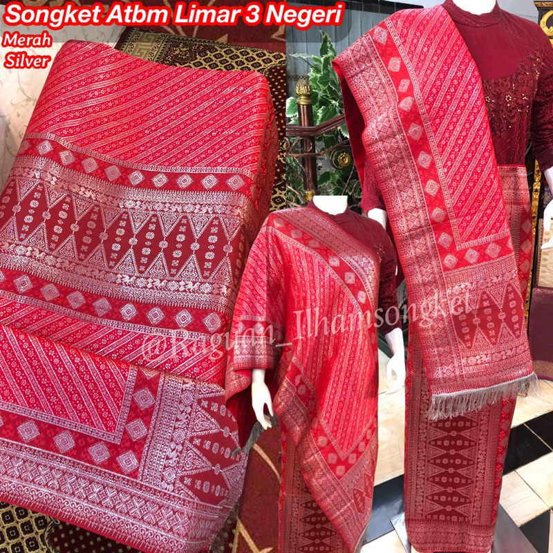 NEW Songket Atbm Limar 3 Negeri Exclusive k15 Merah Silver/ Songket Tenun Mesin Palembang ilham Songket  / Motif Pulir