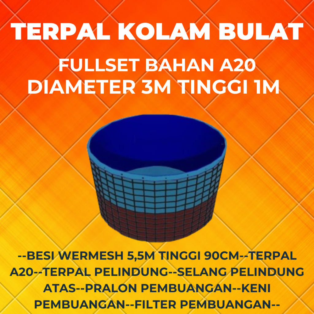 Terpal Kolam Ikan Bulat Fullset + Rangka Bahan Tebal Korea A20 Diameter 3 meter Tinggi 1 meter - Bar