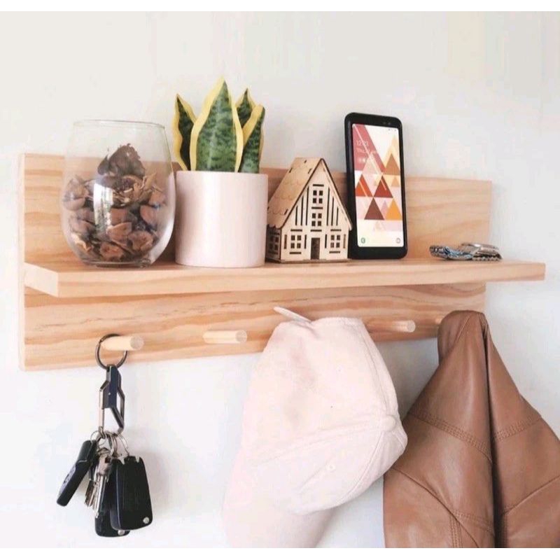 rak dinding rak tempel tempat cantolan tempel kayu gantungan kunci baju 30cm topi rak kayu serbaguna