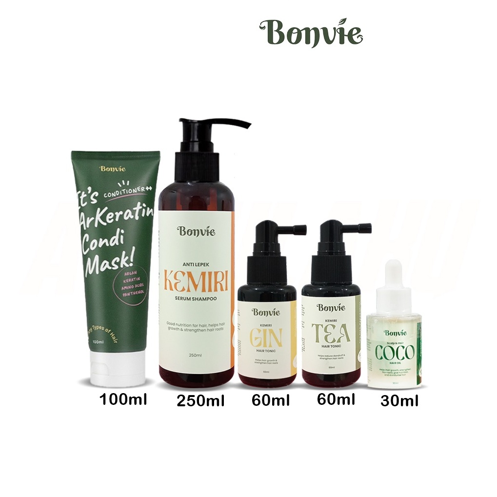 BONVIE SERUM SHAMPOO KEMIRI 250ML | HAIR OIL COCO30ML | HAIR CONDI MASK 100ML | HAIR TONIC TEA & GIN
