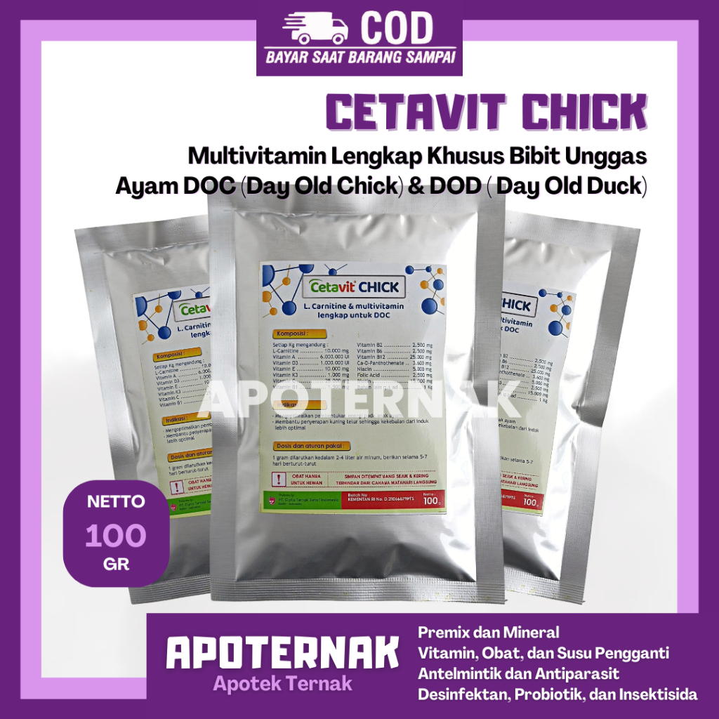 CETAVIT CHICK 100 gram - Multivitamin Lengkap Khusus Bibit Unggas Ayam DOC &amp; Bebek DOD - Vitamin DOC - Vitamin DOD - Vitamin Anak Ayam - Vitamin Anak Bebek