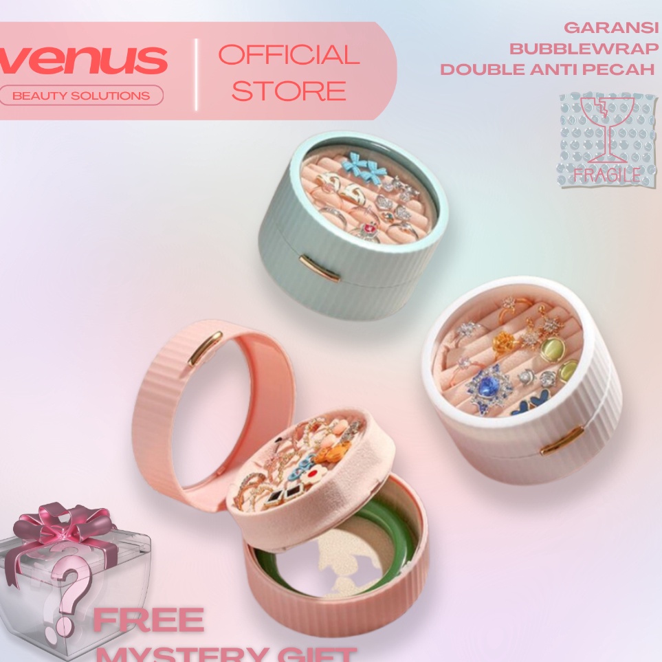 Super Promo VENUSJKT  Kotak Perhiasan Bulat Mini Travel Jewelry Box Penyimpanan Kalung Gelang Emas A
