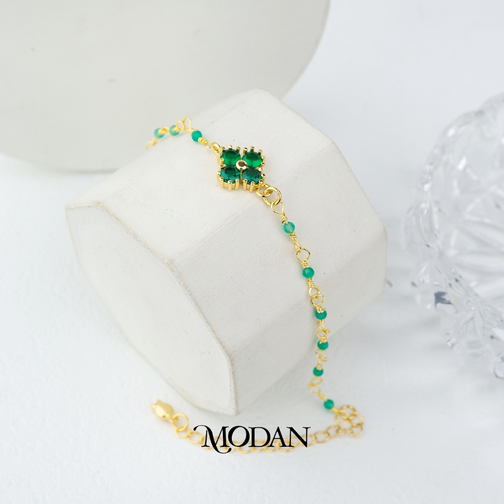 Modan - Elegant Sparkling Emerald Green Lucky Clover Bracelet Gelang Pesta Vintage Daun Bunga Semang