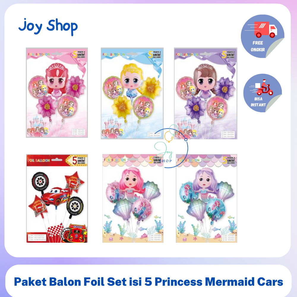 Paket Balon Karakter Foil Set isi 5 Cars Princess Mermaid