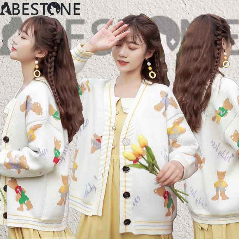 Biru/Putih/Sweater Rajut Wanita Pola Beruang Jaket Rajutan Longgar Lengan Panjang Kerah V Sweater ra