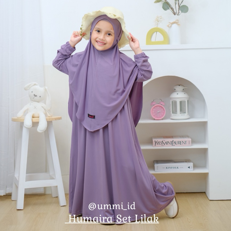 Setelan Baju gamis  syari anak perempuan Polos Full Set Humairah warna Ungu Lilak usia 3-11Tahun bis