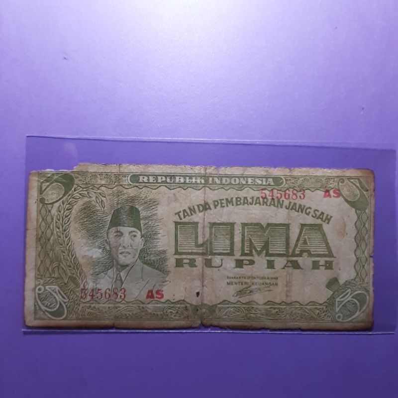 Uang kuno 5 rupiah ori tahun 1945