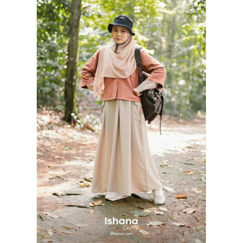 ISHANA DRESS JILBRAVE | 2 IN 1 STYLE Gamis saku Cargo set Outer Bahan Baby Canvas